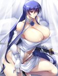  1girl absurdres akiyama_rinko blue_hair breasts cleavage haganef highres katana large_breasts red_eyes sword taimanin_(series) taimanin_yukikaze weapon 