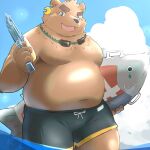  2022 anthro belly big_belly black_nose bottomwear brown_body clothing cloud cute_fangs ear_piercing ear_ring hi_res kemono kisukemk777 male mammal moobs outside overweight overweight_male piercing ring_piercing shorts solo swimwear toy toy_gun ursid water water_gun 