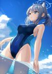  1girl bare_arms blue_archive blue_eyes blue_sky blush breasts bright_pupils cloud cloudy_sky competition_swimsuit covered_navel cross_hair_ornament dutch_angle grey_hair hair_ornament halo highres m.a.y. medium_breasts mismatched_pupils ocean one-piece_swimsuit parted_lips partially_underwater_shot shiroko_(blue_archive) shiroko_(swimsuit)_(blue_archive) sidelocks signature sky solo swimsuit two-tone_swimsuit wading water wet white_pupils 