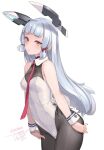  1girl adapted_costume artist_name black_legwear blush cowboy_shot dated fake_tail hair_ribbon headgear highres kantai_collection leotard long_hair murakumo_(kancolle) necktie orange_eyes pantyhose parted_lips rabbit_tail red_necktie red_ribbon ribbon rokuwata_tomoe signature solo tail tress_ribbon twitter_username white_hair white_leotard wrist_cuffs 