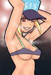  1girl armpits arms_up bare_shoulders bikini blonde_hair blurry blurry_background breasts cleavage collarbone covered_nipples dancing dripping hat lips looking_at_viewer original red_eyes saberrung short_hair sidelocks small_breasts smile sport_girl_(saberrung) steam steaming_body stomach sweat swimsuit teeth underboob wet 
