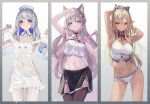  3girls absurdres amane_kanata angel_wings armband armpits arms_up bandaged_arm bandages bangs bare_arms bare_shoulders bikini blonde_hair blue_eyes blue_hair braid breasts cleavage closed_mouth collar collarbone colored_inner_hair covered_navel cowboy_shot coyote_ears coyote_girl coyote_tail dark-skinned_female dark_skin detached_collar double_bun dress dripping elf frilled_dress frilled_skirt frills groin hair_bun hair_ornament hair_ribbon hakui_koyori hands_up hat highres holding holding_clothes holding_dress hololive id_card intravenous_drip long_hair looking_at_viewer medium_breasts midriff multicolored_hair multiple_girls navel necktie nude nurse_cap pantyhose pi_tayuko pink_hair pointy_ears ponytail pose red_eyes ribbon see-through see-through_dress shiranui_flare skirt smile standing streaked_hair swimsuit tan thighs virtual_youtuber wavy_hair wet white_background white_collar white_hair wide_hips wings x_hair_ornament 