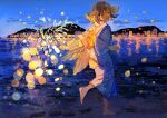  1girl :d ^_^ absurdres bangs barefoot blonde_hair blue_kimono brown_hair closed_eyes cloud commentary_request facing_viewer fireworks fireworks_print highres holding_fireworks japanese_clothes kimono multicolored_hair night night_sky ocean original outdoors print_kimono qooo003 senkou_hanabi sky skyline smile soles solo sparkler standing standing_on_one_leg two-tone_hair 