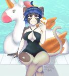  1:1 2022 anthro blue_hair breasts claws clothing colored_claws covering covering_breasts dessert digital_drawing_(artwork) digital_media_(artwork) ear_piercing ear_ring felid feline female finger_ring food grey_body hair hi_res ice_cream leg_cross looking_at_viewer mammal melted_ice_cream milch_und_gold orange_eyes piercing pool_float pool_toy raised_arm raised_tail ring_piercing simple_background sitting smile solo star_pattern swimming_pool swimwear text water watermark white_body yellow_eyes 