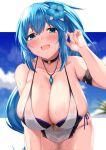  1girl adjusting_hair arm_strap bare_shoulders bent_over between_breasts blue_eyes blue_flower blue_hair blush breasts choker cleavage flower hair_flower hair_ornament hanging_breasts highres horosuke jewelry large_breasts leaning_forward looking_at_viewer necklace open_mouth original ponytail solo swimsuit thick_thighs thighs 