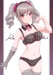  absurdres black_bra black_gloves black_panties blush bra breasts character_name collarbone detached_collar drill_hair gloves grey_hair hair_ribbon highres idolmaster idolmaster_cinderella_girls idolmaster_cinderella_girls_starlight_stage kanzaki_ranko lace lace_gloves looking_at_viewer medium_breasts medium_hair panties rakkopower red_eyes ribbon sidelocks single_glove smile twin_drills twintails underwear underwear_only 