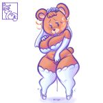 2022 animal_crossing anthro armwear big_breasts bodily_fluids bottomless bottomless_anthro bottomless_female breasts bride cleavage clothed clothing curvy_figure dripping elbow_gloves female front_view full-length_portrait genital_fluids genitals gloves handwear hi_res high_heels legwear mammal maple_(animal_crossing) nintendo partially_clothed pinupbug portrait pussy pussy_juice pussy_juice_drip simple_background solo standing stockings thick_thighs thigh_highs ursid video_games voluptuous wedding_veil white_background 