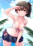  1girl absurdres artist_name baileys_(tranquillity650) bikini blush breasts brown_eyes brown_hair cleavage closed_mouth collarbone cowboy_shot hair_between_eyes highres kaga_(kancolle) kantai_collection large_breasts long_hair navel side_ponytail signature solo swimsuit twitter_username white_bikini 