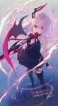  1girl bare_shoulders black_legwear breasts cleavage clothing_request demon_horns demon_wings engage_kiss from_above horns kisara_(engage_kiss) long_hair looking_at_viewer official_art pink_eyes pink_hair reia signature single_horn single_wing solo thighhighs wings 
