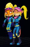  activision anonymous_artist anthro blender_(software) blonde_hair boots clothing coco_bandicoot cosplay crash_bandicoot_(series) duo female female/female footwear fur hair hat headgear headwear makeup official_art pasadena_o&#039;possum pickup_(disambiguation) video_games 