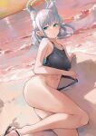  1girl ahoge animal_ear_fluff animal_ears ass bare_arms bare_legs beach blue_archive blue_eyes blush breasts bright_pupils clothes_pull competition_swimsuit cross_hair_ornament dema_hmw dutch_angle evening feet_out_of_frame grey_hair hair_ornament halo highres legs looking_at_viewer lying medium_breasts medium_hair navel ocean on_floor on_side one-piece_swimsuit parted_lips ponytail pulled_by_self shiroko_(blue_archive) shiroko_(swimsuit)_(blue_archive) sky solo swimsuit swimsuit_pull thighs two-tone_swimsuit water white_pupils 