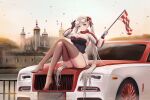  1girl absurdres alternate_costume azur_lane bow car checkered_flag crossed_legs eyewear_on_head flag formidable_(azur_lane) glasses gloves ground_vehicle hair_bow hair_ribbon high_heels highres kcar66t leotard leotard_under_clothes london long_hair looking_at_viewer miniskirt motor_vehicle product_placement race_queen real_world_location ribbon rolls-royce rolls-royce_wraith shoes shrug_(clothing) single_shoe sitting skirt thighhighs tower_of_london twintails 