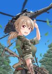  1girl absurdres aircraft assault_rifle bangs blonde_hair breasts camouflage ear_piercing falling_leaves gun h&amp;k_hk416 helicopter highres large_breasts leaf long_hair looking_at_viewer looking_to_the_side low_ponytail military military_uniform military_vehicle original piercing red_eyes rifle tattoo tree uh-60_blackhawk uniform waruzamurai weapon 