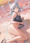  1girl ahoge animal_ear_fluff animal_ears ass bare_arms bare_legs beach blue_archive blue_eyes blush breasts bright_pupils clothes_pull competition_swimsuit cross_hair_ornament dema_hmw dutch_angle evening extra_ears feet_out_of_frame grey_hair hair_ornament halo highres legs looking_at_viewer lying medium_breasts medium_hair mismatched_pupils navel ocean on_floor on_side one-piece_swimsuit parted_lips ponytail pulled_by_self revision shiroko_(blue_archive) shiroko_(swimsuit)_(blue_archive) sky solo swimsuit swimsuit_pull thighs two-tone_swimsuit water white_pupils 