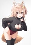  1girl :3 :d animal_ears annytf arm_behind_back bent_over black_legwear black_shirt blonde_hair breasts brown_eyes cat_ears cat_girl cat_tail cleavage cleavage_cutout clothing_cutout covered_navel crop_top groin hair_ornament heart_cutout highleg highleg_leotard highres indie_virtual_youtuber large_breasts leaning_forward leotard long_hair long_sleeves looking_at_viewer one_side_up open_mouth red_leotard shirt smile solo standing star_(symbol) star_hair_ornament tail thighhighs thighs virtual_youtuber yon_(letter) 