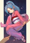  1girl blue_hair botan_(yu_yu_hakusho) breasts closed_mouth flying full_body hair_intakes hungry_clicker japanese_clothes kimono long_hair long_sleeves looking_at_viewer oar object_riding ponytail red_eyes sandals simple_background sitting sitting_on_object smile solo yu_yu_hakusho 