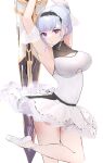  1girl absurdres alternate_costume armpits azur_lane ballerina ballet_dress ballet_slippers bangs blunt_bangs breasts cleavage_cutout clothing_cutout collarbone commentary covered_navel dido_(azur_lane) dress eyebrows_behind_hair hair_bun highres holding holding_sword holding_weapon itsuki_160216 large_breasts pose purple_eyes short_hair simple_background solo standing standing_on_one_leg sword tutu underboob_cutout weapon white_background white_dress white_hair 