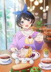  1girl :d absurdres bangs black_hair blue_eyes blue_ribbon blurry blurry_background blurry_foreground bread cake cutlery flower food frills hair_ribbon highres incoming_food jewelry kanojo_okarishimasu looking_at_viewer necklace official_alternate_costume official_art open_mouth pearl_necklace purple_shirt ribbon sandwich sarashina_ruka see-through see-through_shirt shirt short_hair sitting smile solo tea upper_body 