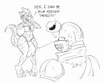  anthro armor artbyyellowdog barefoot bottomwear bulge clothing duo eggplant feet food fruit girly headgear helmet horn human humor knight kobold loincloth male mammal open_mouth plant shocked_expression talking_to_another thick_thighs topwear warrior wide_eyed 