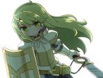  1girl 7th_dragon 7th_dragon_(series) armor armored_dress bangs black_dress breastplate closed_mouth dress gauntlets green_eyes green_hair hair_between_eyes hair_ornament highres holding holding_sword holding_weapon kate_(7th_dragon) knight_(7th_dragon) long_hair looking_at_viewer naga_u shield simple_background solo striped striped_dress sword vertical-striped_dress vertical_stripes very_long_hair weapon white_background x_hair_ornament 