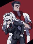  1boy 1girl black_hair crossed_arms crown demon_horns evil_grin evil_smile gloves grin helltaker helltaker_(character) horns lucifer_(helltaker) mole mole_under_eye necktie red_eyes red_shirt shirt size_difference smile sunglasses white_gloves white_hair white_horns yamada_asari 