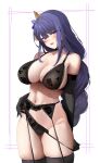  1girl absurdres bangs blush bra breasts cleavage elbow_gloves garter_straps genshin_impact gloves hair_ornament highres huge_breasts lingerie long_hair looking_at_viewer open_mouth purple_eyes purple_hair raiden_shogun solo sweat thick_thighs thighhighs thighs underwear yuchae 