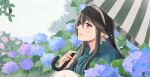  1girl black_hair brown_eyes flower hair_ornament hairclip haruna_(kancolle) highres hydrangea kantai_collection long_hair looking_up natsume_(natsume_melio) official_alternate_costume rain smile umbrella water_drop 