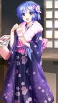  1girl :d bag bangs blue_hair doukyuusei doukyuusei_another_world floral_print flower fur-trimmed_kimono fur_trim furisode game_cg hair_between_eyes hair_flower hair_ornament handbag japanese_clothes kimono long_sleeves medium_hair open_mouth print_kimono purple_kimono shiny shiny_hair smile solo standing tamachi_hiromi white_flower wide_sleeves 