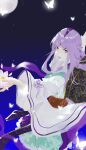  1girl absurdres back bug butterfly flower glowing_butterfly hair_ornament highres holding holding_flower long_hair long_sleeves looking_back muqing_mq night night_sky outstretched_arms purple_hair qin_shi_ming_yue sash shao_siming_(qin_shi_ming_yue) sky solo spread_arms upper_body veil 