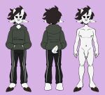  anthro black_hair bottomwear bovid brown_hair caprine clothed clothing digital_media_(artwork) fur genitals goat green_clothing green_hoodie green_topwear hair half-closed_eyes hand_in_pocket hands_in_both_pockets hoodie hooves horn humanoid_genitalia humanoid_penis jammedvhs looking_at_viewer male mammal model_sheet narrowed_eyes nipples nude owen_(nyta) pants penis pockets rear_view shirt simple_background solo standing sweatpants topwear white_body white_fur 