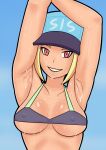  1girl armpits arms_up bare_shoulders bikini blonde_hair blue_background breasts cleavage collarbone covered_nipples eyeliner hat highres lips looking_at_viewer makeup medium_breasts original red_eyes saberrung shiny shiny_skin sidelocks smile sport_girl_(saberrung) stretch sweat swimsuit underboob upper_body wet 