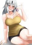  1girl blush breasts camisole casual drunk fate/grand_order fate_(series) green_eyes half-closed_eyes highres large_breasts long_hair nagao_kagetora_(fate) sawatarou_(roto) shorts strap_slip white_hair yellow_camisole 