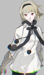  1girl black_hairband blonde_hair capelet chromatic_aberration drag-on_dragoon drag-on_dragoon_3 dress facial_mark forehead_mark fur-trimmed_capelet fur_trim gloves hairband highres meru02295238 one_(drag-on_dragoon) roman_numeral short_hair solo white_capelet white_dress 