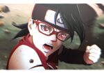  1girl artist_name black_hair black_sleeves border boruto:_naruto_next_generations clenched_hand derivative_work detached_sleeves floating_hair glasses headband highres leslychoco15 letterboxed long_sleeves motion_blur naruto_(series) open_mouth portrait red-framed_eyewear red_eyes screencap_redraw shiny shiny_hair short_hair solo uchiha_sarada white_border 