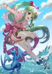  1girl bare_legs bracelet cape cloud dragon dress fire_emblem fire_emblem:_mystery_of_the_emblem fire_emblem_heroes full_body gloves green_eyes green_hair hair_ornament hair_ribbon jewelry kero_sweet long_hair looking_at_viewer open_mouth panties pointy_ears ponytail ribbon smile soles solo tiara tiki_(fire_emblem) underwear very_long_hair water 