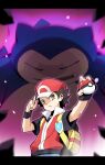  1boy 1other backpack bag baseball_cap black_hair child closed_mouth commentary_request glowing hat holding holding_poke_ball jacket kabigon male_child male_focus poke_ball pokemon pokemon_(creature) pokemon_(game) pokemon_masters_ex red_(pokemon) red_headwear red_jacket shirt short_hair snorlax spiked_hair 