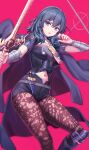  1girl armlet armor bangs blue_eyes blue_hair boots brown_legwear bustier byleth_(fire_emblem) byleth_(fire_emblem)_(female) cape capelet clothing_cutout dagger deadnooodles fire_emblem fire_emblem:_three_houses floral_print gloves high_heel_boots high_heels highres holding holding_sword holding_weapon knee_pads knife legwear_under_shorts long_sleeves looking_at_viewer medium_hair navel navel_cutout open_mouth pantyhose patterned_legwear print_legwear short_sleeves shorts shoulder_armor simple_background single_knee_pad solo sword sword_of_the_creator tassel turtleneck vambraces waist_cape weapon 