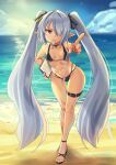  1girl ajidot bare_arms bare_legs bare_shoulders beach bikini black_bikini black_footwear black_ribbon blue_archive blue_sky breasts full_body grey_hair hair_ribbon highres horizon iori_(blue_archive) iori_(swimsuit)_(blue_archive) long_hair looking_at_viewer medium_breasts navel ocean outdoors pointy_ears purple_eyes ribbon sandals sky solo standing stomach summer swimsuit thigh_gap thigh_strap thighs twintails very_long_hair whistle whistle_around_neck 