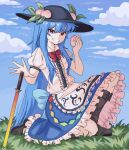  1girl bangs black_footwear black_headwear blue_hair blue_skirt blue_sky boots bow bowtie center_frills cloud food frilled_skirt frills fruit full_body grass grin highres hinanawi_tenshi holding holding_food holding_fruit leaf long_hair looking_at_viewer moonii_desu peach puffy_short_sleeves puffy_sleeves rainbow_order red_bow red_bowtie red_eyes short_sleeves skirt sky smile solo sword_of_hisou touhou 