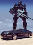  6000_sux car cloud ground_vehicle gun highres holding holding_gun holding_weapon looking_up mechanization motor_vehicle no_humans red_eyes rifle rintaro_komori robocop science_fiction sky sniper_rifle weapon 