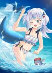  1girl bloop_(gawr_gura) blue_eyes blue_hair blue_sky breasts cleavage cloud fish_tail frilled_swimsuit frills gawr_gura hair_ornament hololive hololive_english looking_at_viewer medium_hair micex multicolored_hair navel ocean one_eye_closed shark_girl shark_hair_ornament shark_tail sharp_teeth short_twintails sky small_breasts splashing streaked_hair striped striped_swimsuit swimsuit tail teeth twintails virtual_youtuber water white_hair 