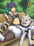  2girls animal_ears armor blue_hair breasts camisole canadiananiguy cat_ears chest_jewel fiery_hair glowing_lines hammer high_tops highres jacket leggings mio_(xenoblade) multiple_girls navel open_mouth outdoors ponytail sena_(xenoblade) short_hair shoulder_strap sitting skirt smile sports_bra tank_top white_camisole white_jacket white_skirt white_tank_top xenoblade_chronicles_(series) xenoblade_chronicles_3 