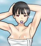  1girl armpits arms_up bare_shoulders black_hair blue_background breasts cleavage collarbone covered_nipples hair_tie hair_tie_in_mouth looking_at_viewer medium_breasts mouth_hold naked_towel original red_eyes saberrung simple_background steam sweat towel tying_hair wet white_towel 