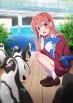  1girl :d absurdres bangs bird blurry blurry_background blurry_foreground blush bow braid brown_footwear brown_hair clapping collar eyebrows_behind_hair hair_behind_ear hair_between_eyes highres humboldt_penguin kanojo_okarishimasu long_sleeves looking_at_viewer official_art open_mouth penguin red_eyes red_skirt sakurasawa_sumi side_braid skirt smile socks solo stuffed_animal stuffed_dolphin stuffed_toy thick_eyebrows white_collar 