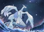  absurdres black_eyes closed_mouth commentary_request dripping from_below highres katkichi lugia night night_sky no_humans outdoors pokemon pokemon_(creature) sky solo star_(sky) starry_sky water waves 
