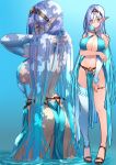  1girl \||/ aqua_eyes aqua_hair ass bare_back bare_shoulders blue_background blue_eyes blue_hair breast_hold breasts brown_footwear circlet cleavage closed_mouth collarbone commentary_request detached_sleeves dot_nose eel_mizue elf full_body hair_between_eyes high_heels highres large_breasts legs_apart loincloth long_hair multicolored_hair navel o-ring original pointy_ears revealing_clothes shadow sideboob simple_background single_bare_arm single_detached_sleeve single_thighhigh solo standing streaked_hair thigh_strap thighhighs thighs toes two-tone_hair very_long_hair wading 