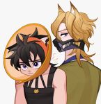  :3 anger_vein animal_ear_fluff animal_ears bangs black_hair cat_ears cat_ornament covered_mouth ears_down facing_down from_behind ginmu headband jojo_no_kimyou_na_bouken long_hair looking_back looking_up messy_hair muzzle narrowed_eyes necktie parted_bangs pet_cone purple_eyes sharp_teeth tank_top teeth thick_eyebrows v-shaped_eyebrows vento_aureo 