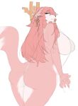  anthro big_breasts big_butt breasts butt canid canine carsen claws clothed clothing female fur hair hi_res huge_breasts looking_back mammal open_mouth open_smile partially_clothed pink_body pink_fur pink_hair purple_eyes simple_background smile solo teeth thick_thighs wide_hips 