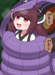 +++ 1girl :d ahoge arbok bdsm bondage bound brown_hair commission constriction hair_ornament highres looking_up open_mouth pink_eyes pokemon pokemon_(creature) rantana_(lalalalackluster) restrained skeb_commission smile touhoku_kiritan voiceroid 