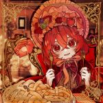  1girl ahoge apple apple_pie bangs blurry blurry_background blush bonnet border bow bowtie brooch capelet chair colored_eyelashes desk_lamp flower food fork frilled_hat frills fruit hat heart heart_ahoge heart_brooch highres holding holding_fork holding_knife jewelry knife lamp lolita_fashion looking_at_viewer neck_ribbon on_chair open_mouth original pie_slice plate pocan red_eyes red_hair ribbon rose short_hair side_ahoge sitting smile solo 
